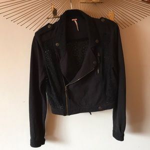 Free People Black Knit and Lace Cropped Jacket